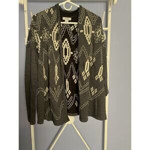 Lucky Bliss California Cardigan Women’s L Gray Open Embroidered Navaho Southwest